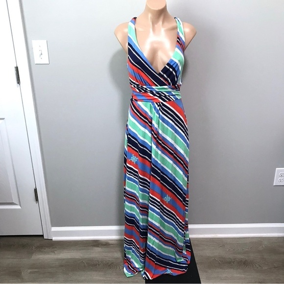 Lilly Pulitzer Amanda Maxi Dress Nautical Overboard Stripe Blue Green Orange - Picture 2 of 7